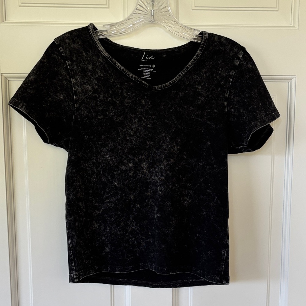Olivia Rae Black Mineral-Wash V-Neck Cropped Tee